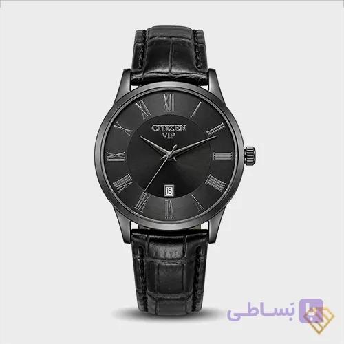 ساعت مچی مردانه سیتیزن vip بند چرم مشکی | صفحه سرمه ای با اعداد رومی، کیفیت استاندارد — تصویر 1