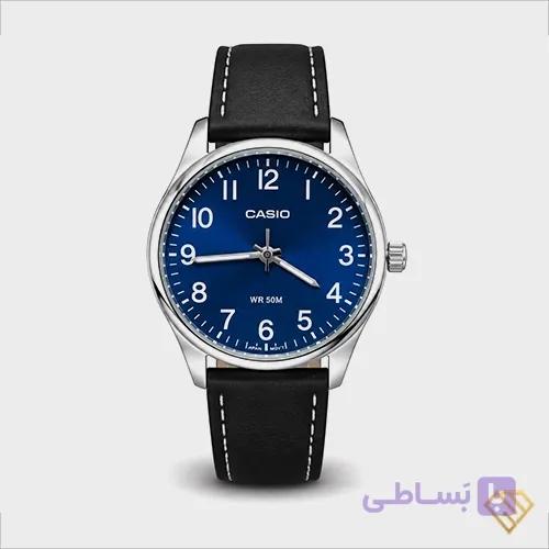 ساعت مچی مردانه کاسیو مدل MTP-B160L-1B2 | صفحه سرمه ای، بند چرمی قهوه ای | شب نما و ضد آب — تصویر 1