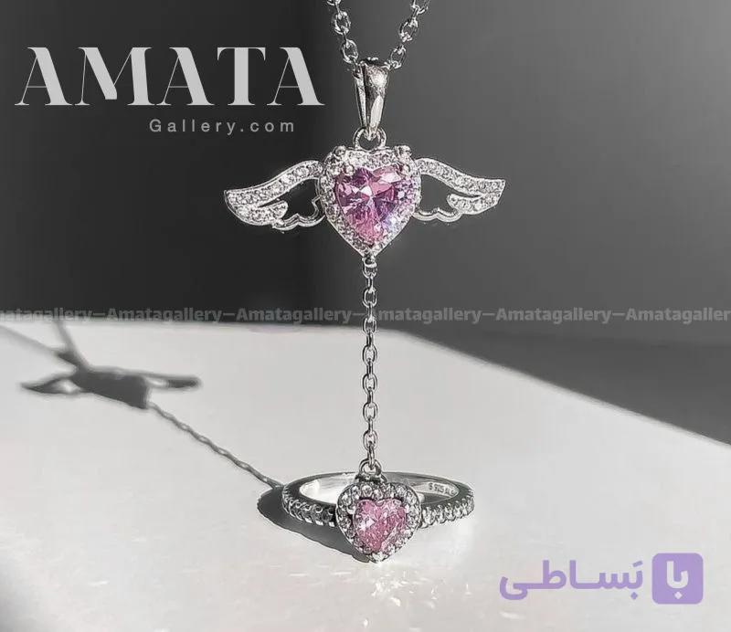 گردنبند و انگشتر جواهری فرشته بالدار Cupid صورتی