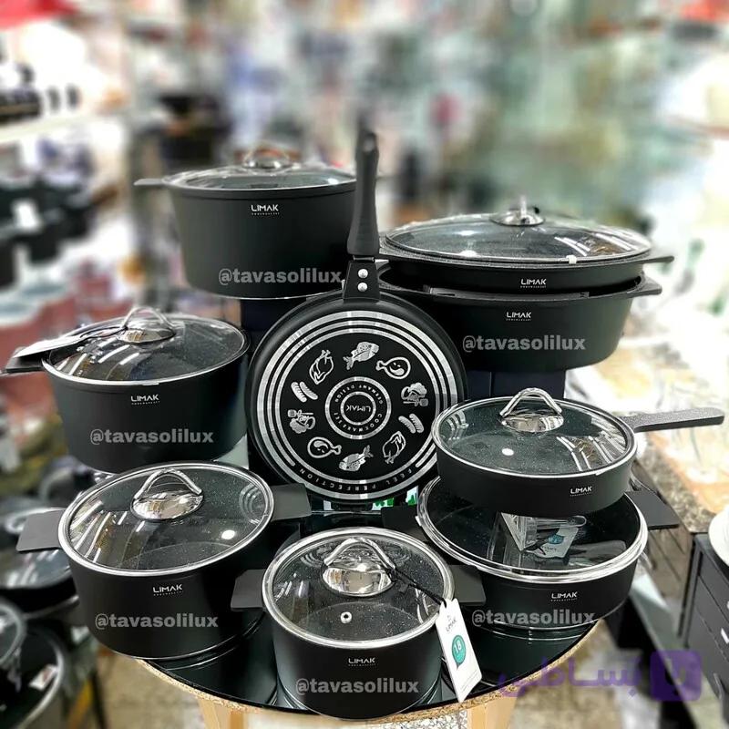 سرویس قابلمه لیماک سری آلمانی درجه یک17پارچه با تابه مرغ و ماهی18ماه گارانتی تعویض (مشکی)