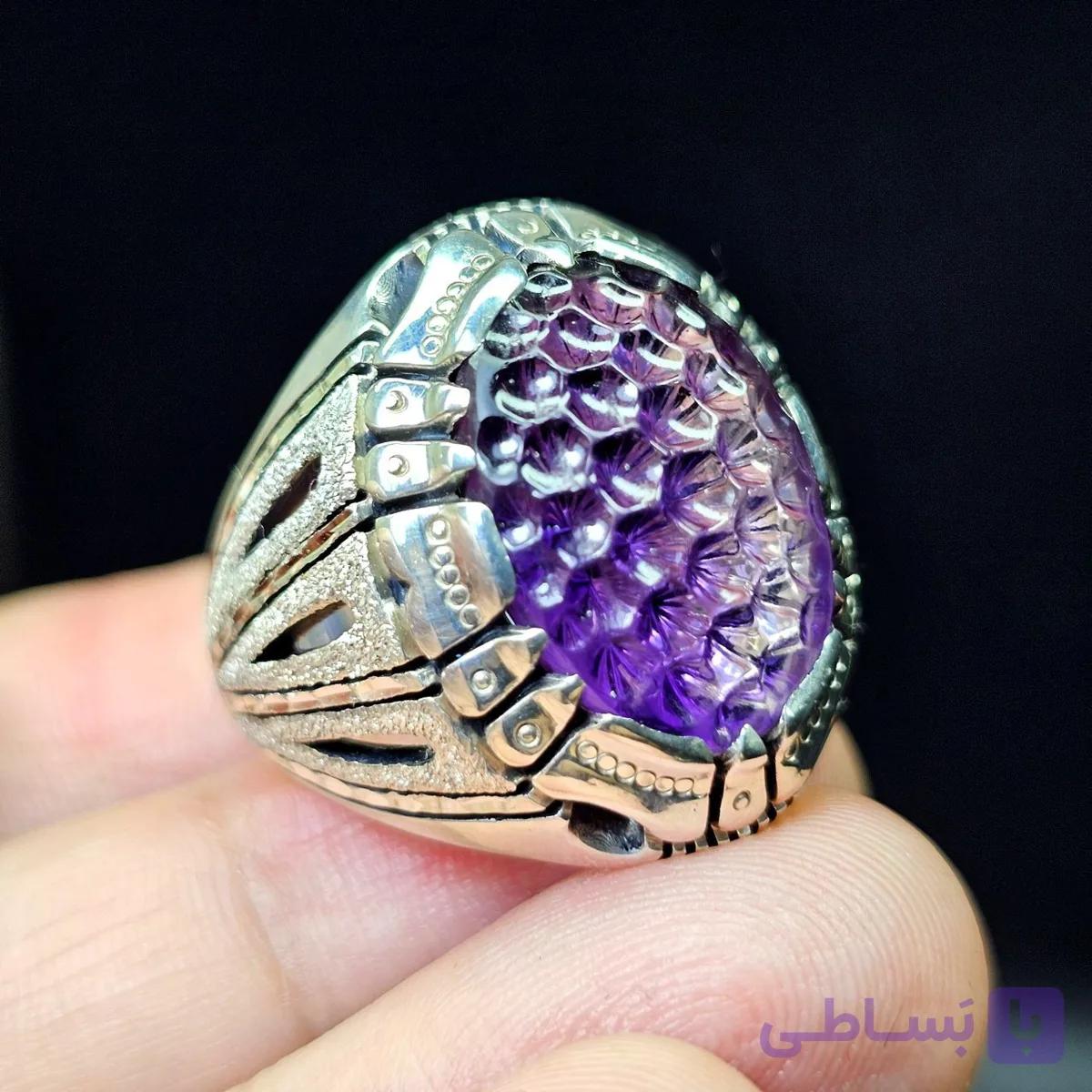 انگشتر نقره دستساز دو مهر با سنگ آمیتیست معدنی تراش کندویی کد S3437