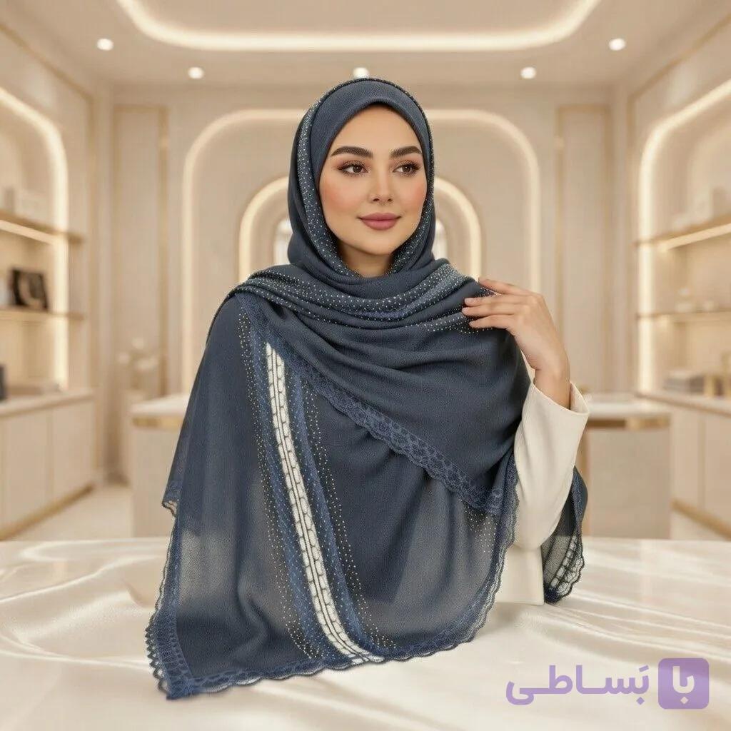 شال حریر مجلسی زنانه سرمه‌ای ترکیه