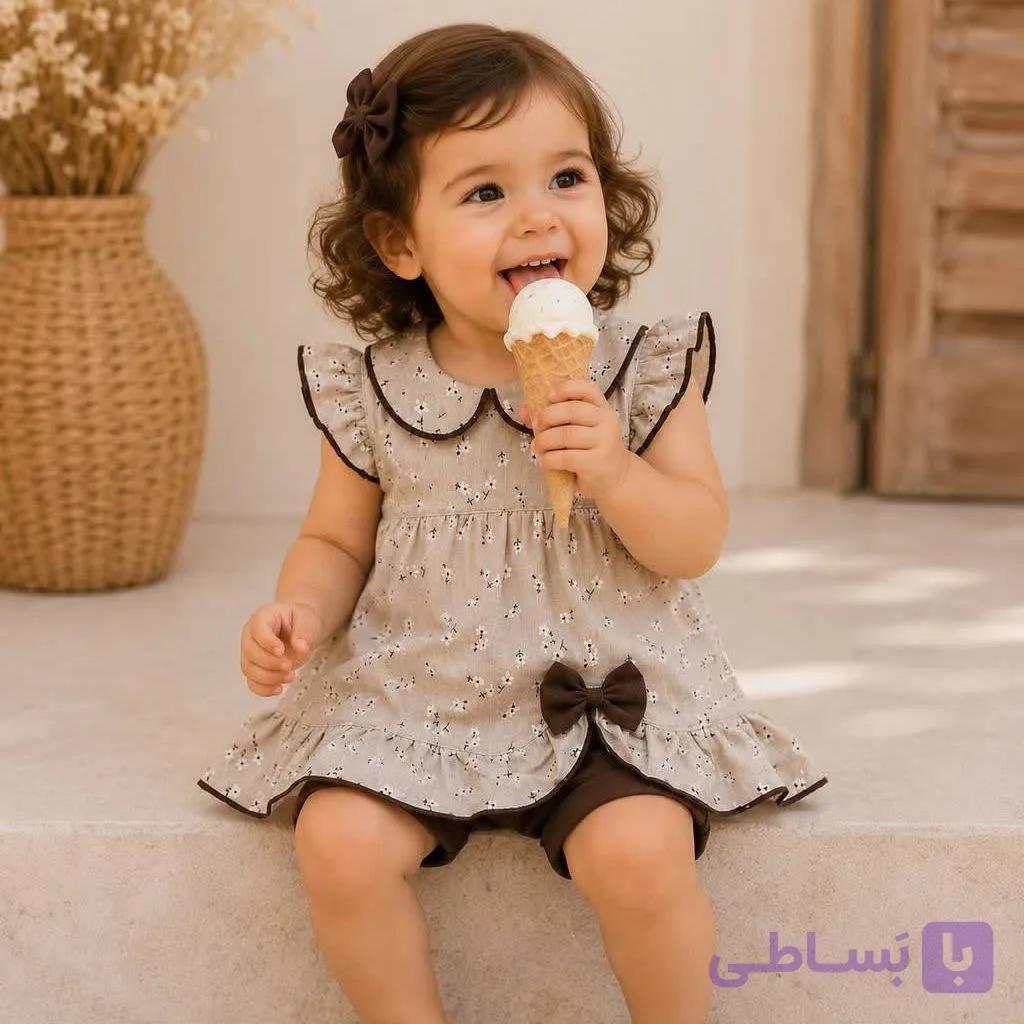 پیراهن شلوارک دخترانه مدل فلورا قهوه ای (پردیس) — تصویر 1