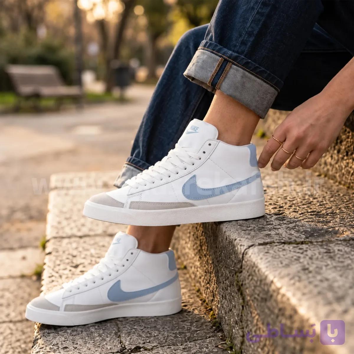 کتونی نایک بلیزر Nike Blazer زنانه ساقدار رنگ سفید آبی کد 2317 — تصویر 1