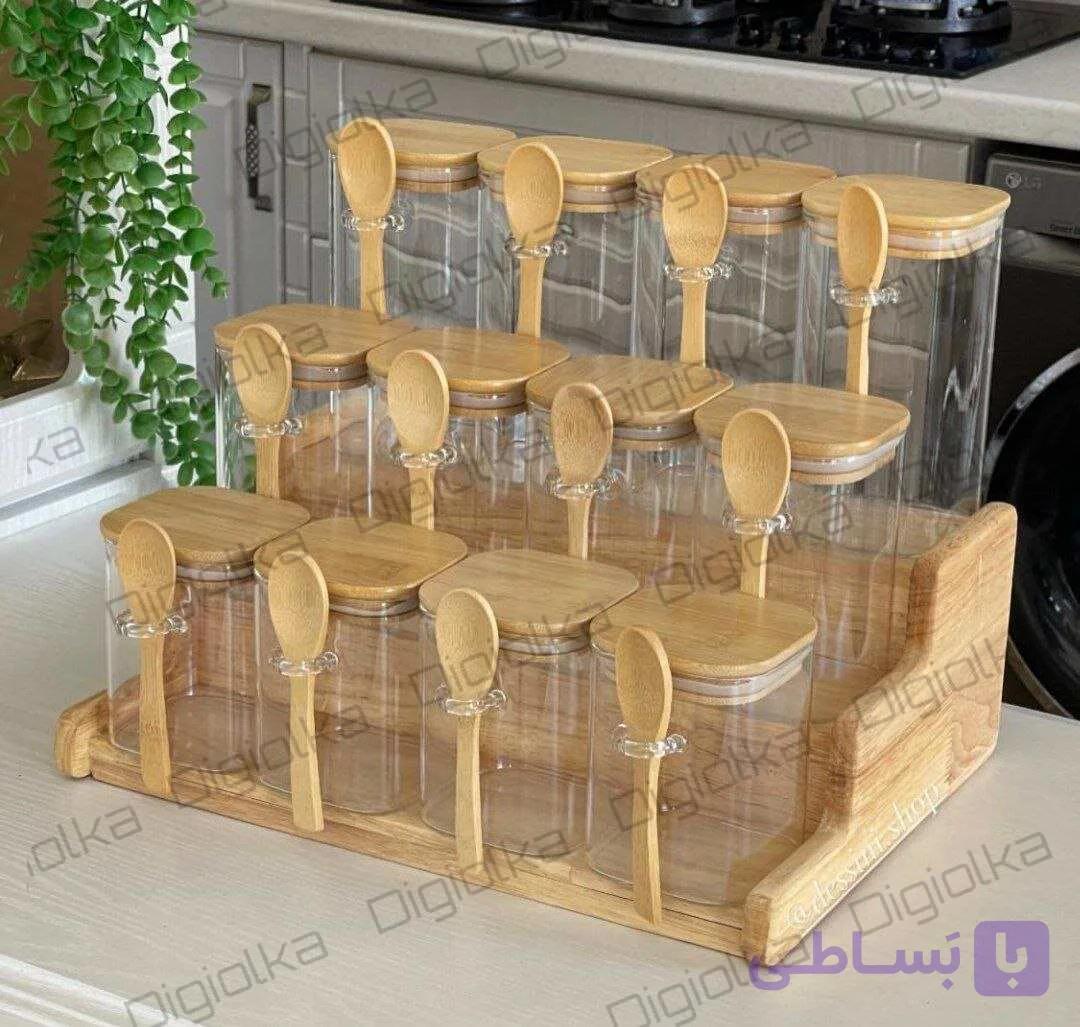ست بانکه ادویه پیرکس ۱۲ عددی قاشق دار با استند رابروود طبقاتی — تصویر 1