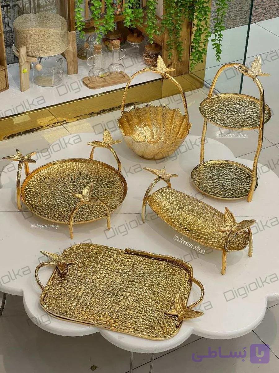 سرویس پذیرایی ۵ تکه ایوان طرح پروانه (طلایی و نقره ای) جنس آلومینیوم آبکاری نیکل — تصویر 1