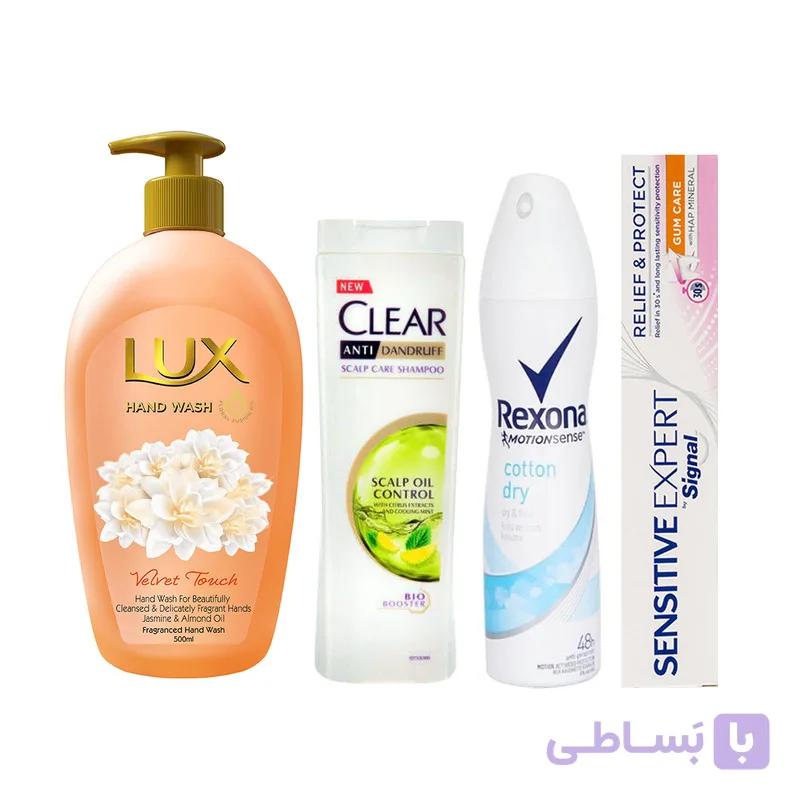 خمیر دندان سیگنال مدل White حجم 75 میلی لیتر به همراه شامپو ضد شوره کلییر ، اسپری خوشبو کننده بدن زنانه رکسونا ، مایع دستشویی لوکس مدل گل یاس و بادام