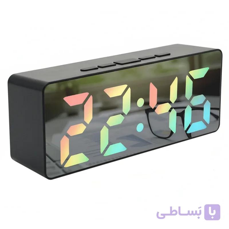 ساعت رومیزی دیجیتال مستطیل مدل COLORFUL MIRROR، نمایش زمان عددی، نمایش تاریخ و دمای محیط، آلارم الکترونیکی، منبع تغذیه باتری، نوع باتری نیم‌قلمی AAA، جنس بدنه پلاستیک، قطر صفحه 15 سانتی‌متر، وزن 0.116 کیلوگرم — تصویر 1