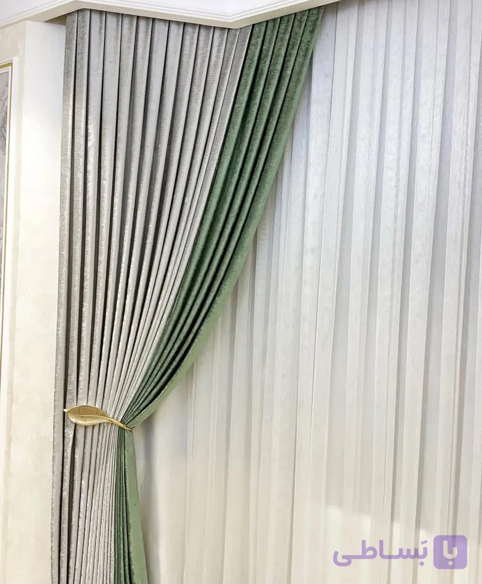 پرده پذیرایی حریر ساده و مخمل شانل رنگ کرم و سبز برای پنجره 6متری