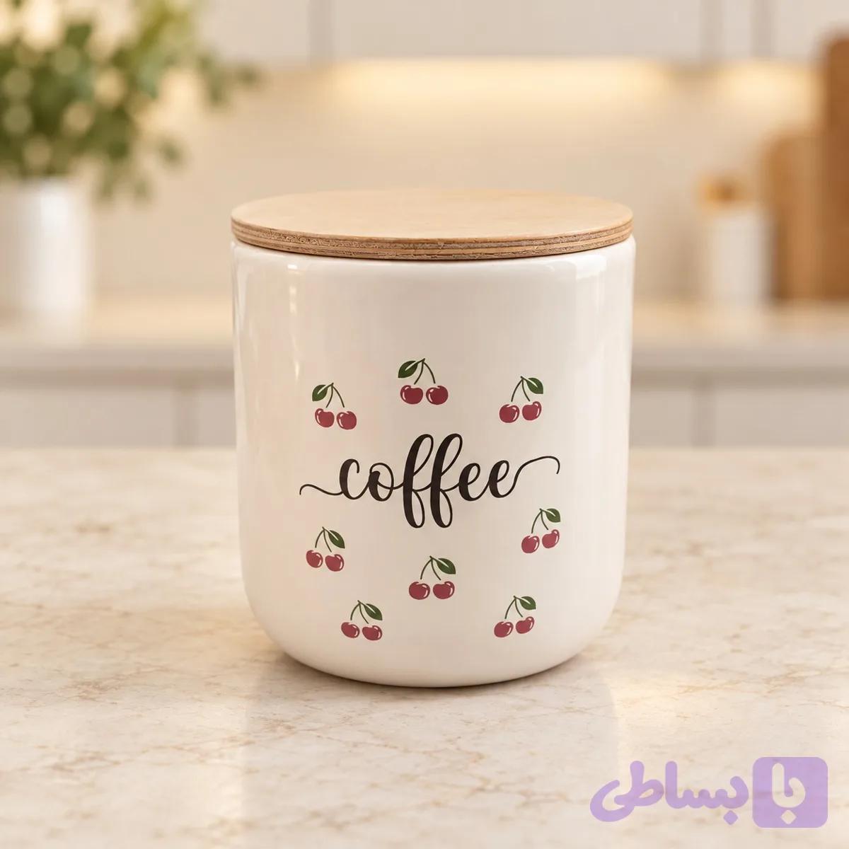 بانکه گرد متوسط سرامیکی لاتین طرح آلبالو با درب چوبی — تصویر 1