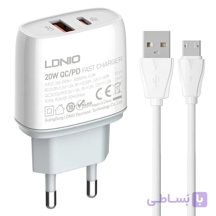 شارژر دیواری 20 وات الدینیو مدل Q229 به همراه کابل تبدیل USB-C