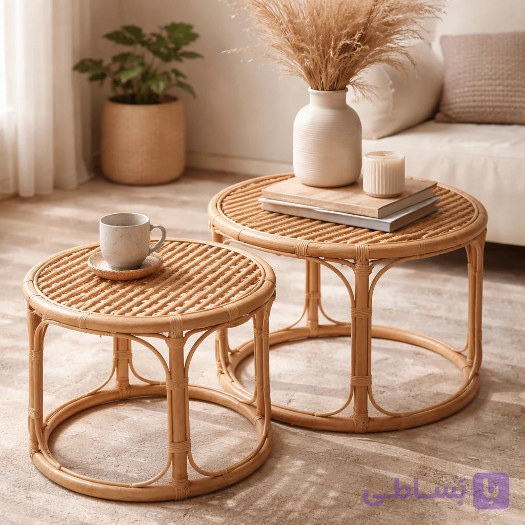 میز عسلی حصیری دست‌ساز با طراحی ساده و نچرال؛ مناسب کنار مبل، اتاق نشیمن و دکور مینیمال