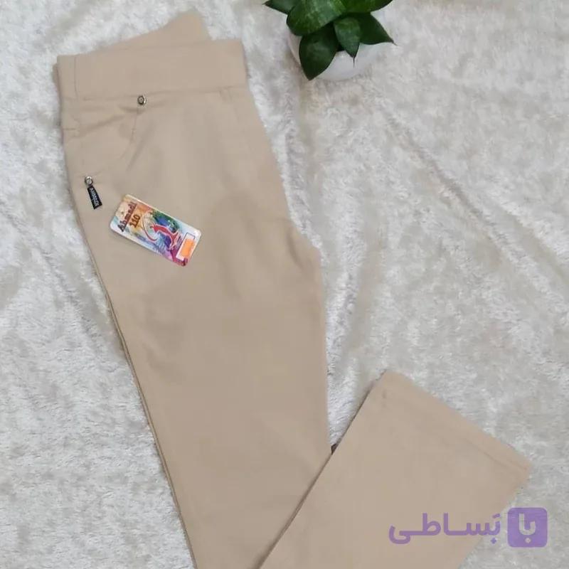 شلوار دمپا گشاد زنانه رنگ نخودی جنس کتان کش بنگال کمر کش