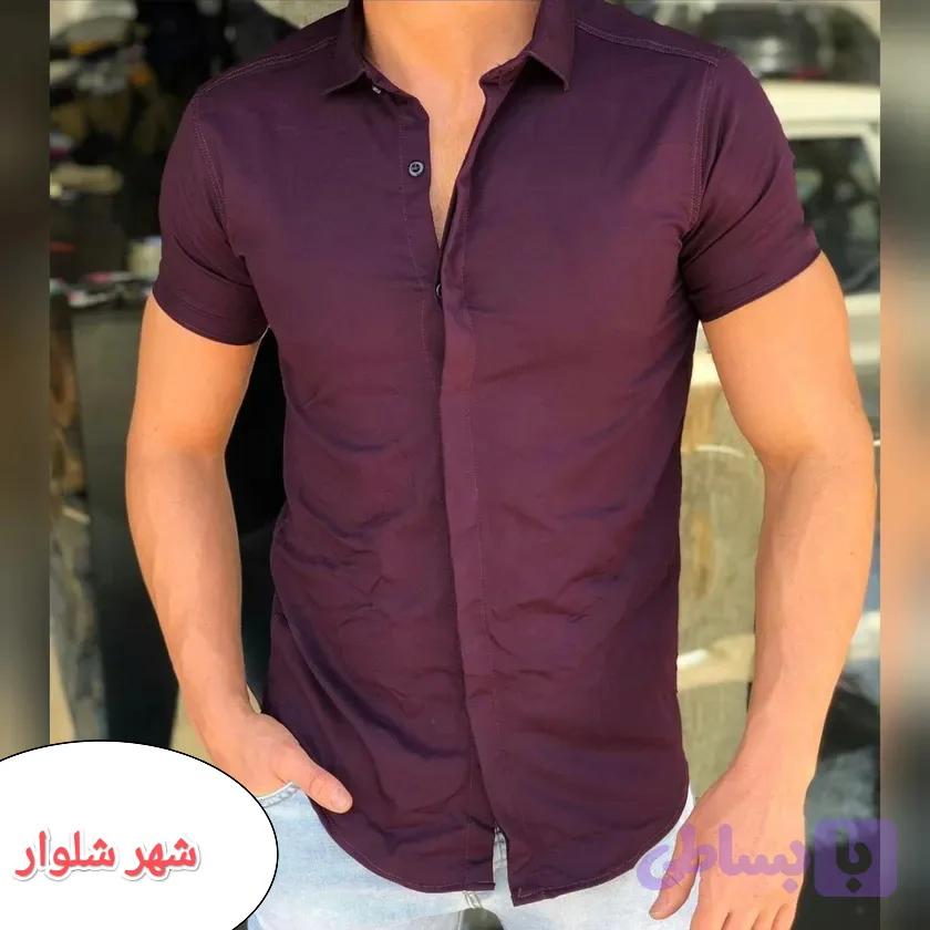 پیراهن مردانه نیم آستین دکمه مخفی جنس دوشین رنگ سفید