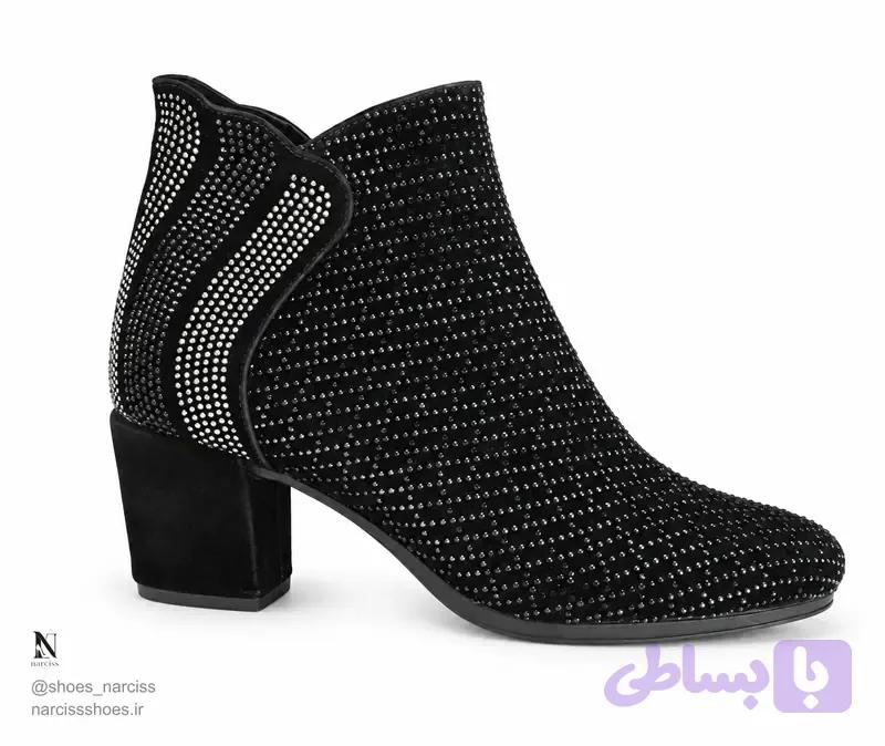 نیم‌بوت زنانه پاشنه‌دار مخمل نگین‌کاری‌شده — تصویر 1