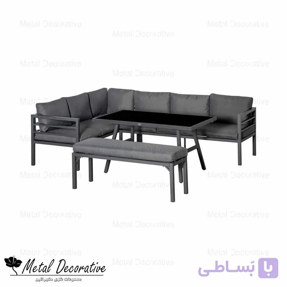 ست مبل ال فلزی 6 نفره فضای باز باغی بهمراه میز جلومبلی پایه بلند و نیمکت — تصویر 1