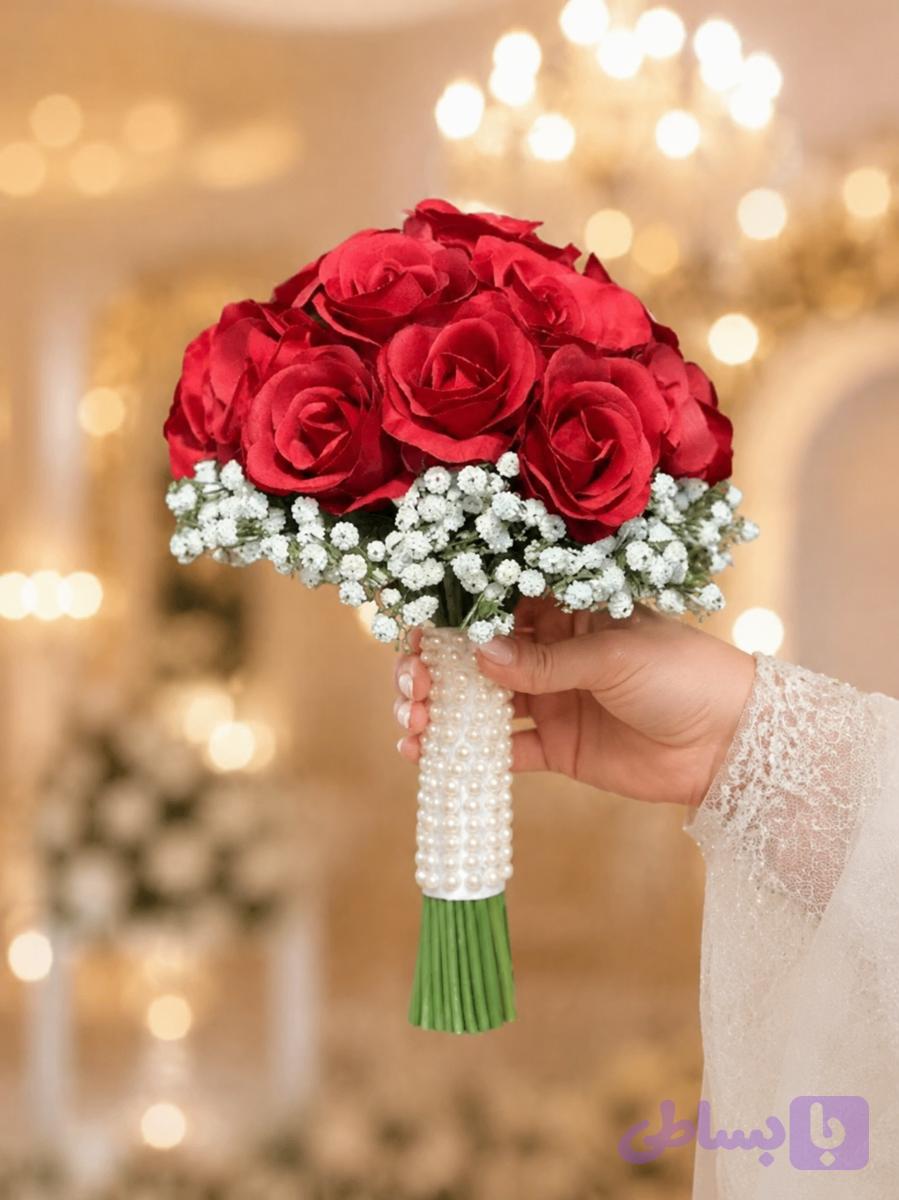 دسته گل عروس مصنوعی رز قرمز تیره 18 شاخه