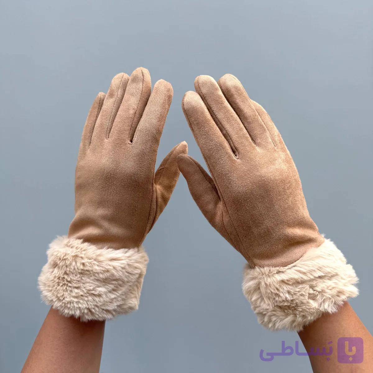 دستکش ساق خزدار عسلی ساده — تصویر 1