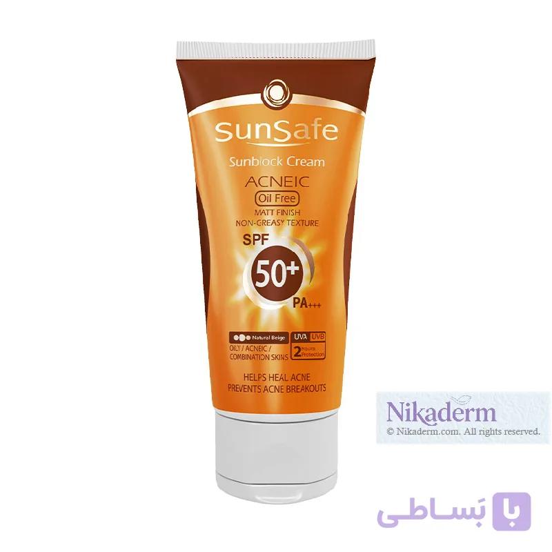 کرم ضدآفتاب سان سیف Acneic SPF50 بژ طبیعی فاقد چربی کرم پودری مناسب پوست های چرب 50ml — تصویر 1