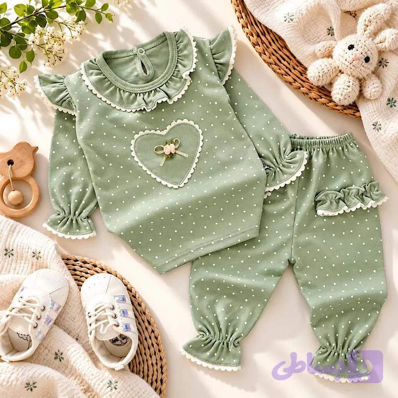 بلوز و شلوار خالدار سبز کودک 2842