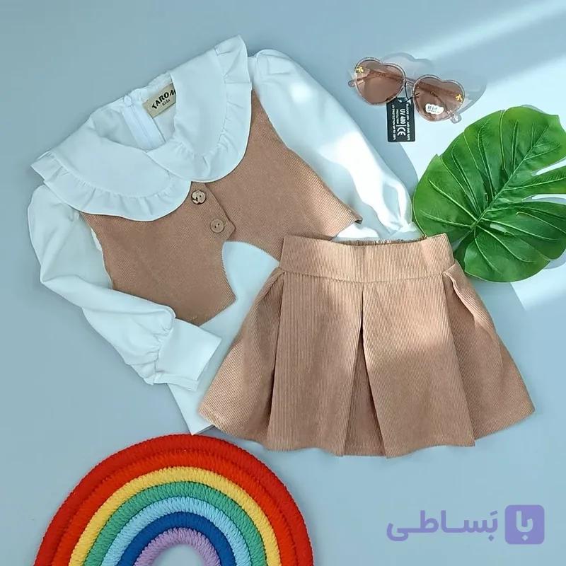 ست مجلسی 3 تیکه ژیله دامن شومیز دخترانه جنس مخمل کبریتی شومیز مازراتی