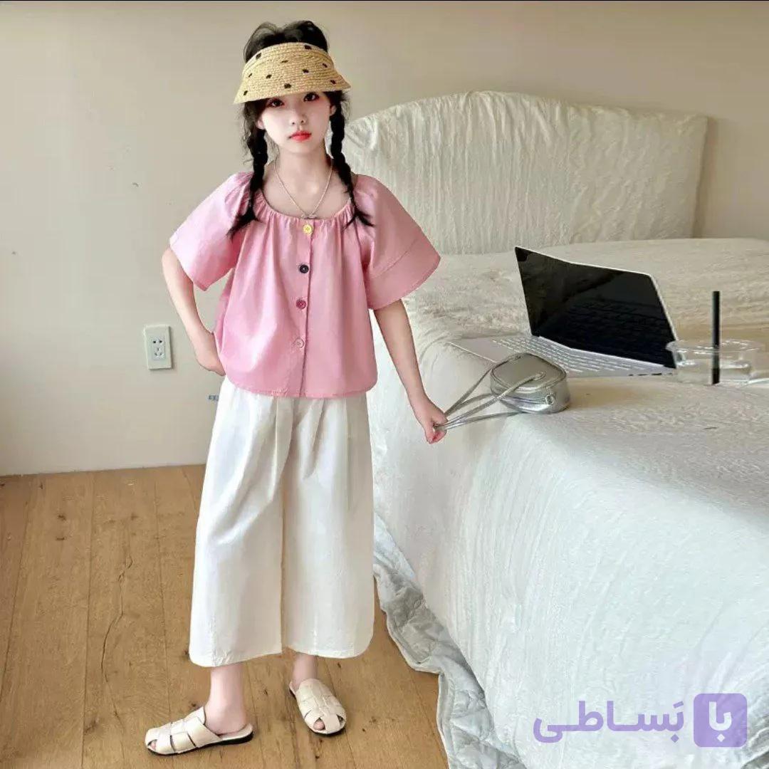 ست دو تیکه دخترانه مدل "آلیس" (کراپ دکمه‌دار باکسی + شلوار واید نخی وارداتی)مناسب سنین 5 تا 14 سال