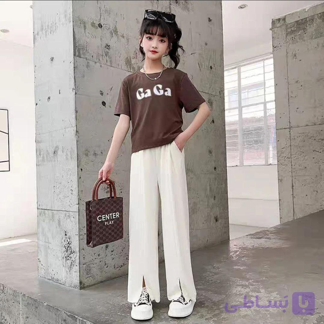 ست دو تیکه دخترانه وارداتی کراپ قهوه ای با شلوار بگ  5 تا 14 سال