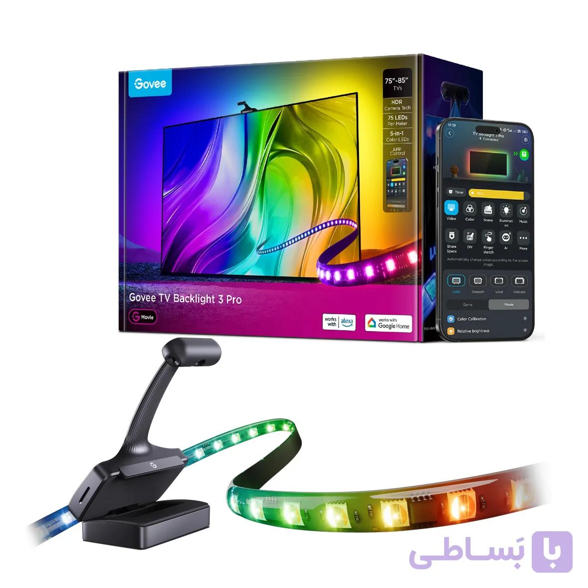ریسه هوشمند نور پشت تلویزیون GOVEE مدل HR2A81 مناسب تلویزیون ۷۵ تا ۸۵ اینچ با دوربین سه‌گانه HDR و تراکم ۷۵ LED در متر
