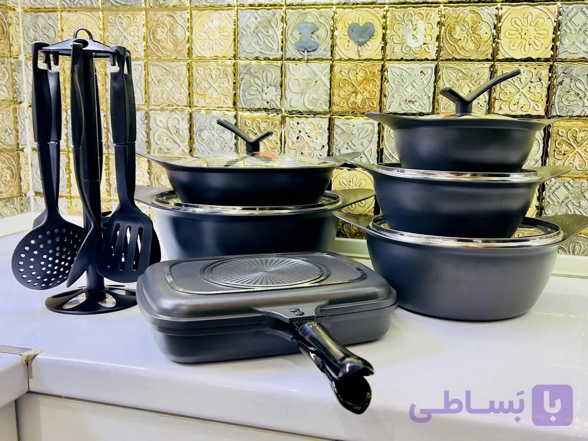 سرویس قابلمه 19 پارچه گرانیتی سوپر لوکس | دو رنگ دلفینی و مشکی — تصویر 1