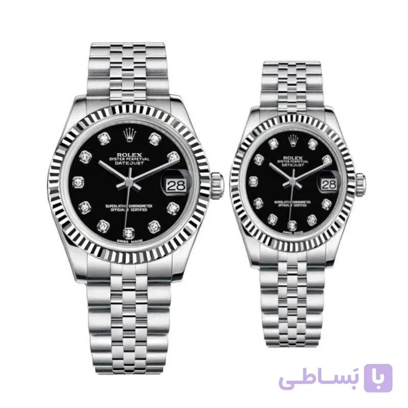 ست ساعت رولکس دیت جاست زنانه و مردانه صفحه مشکی 5649 — تصویر 1