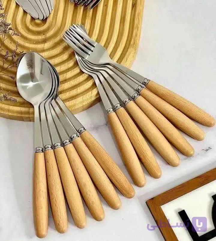 سرویس قاشق و چنگال 12 پارچه مدل دسته چوبی وکیوم