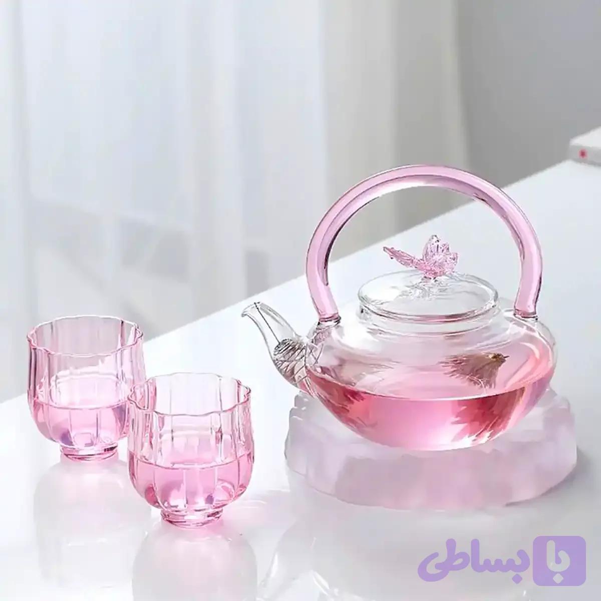 قوری پیرکس طرح پروانه رنگ صورتی — تصویر 1