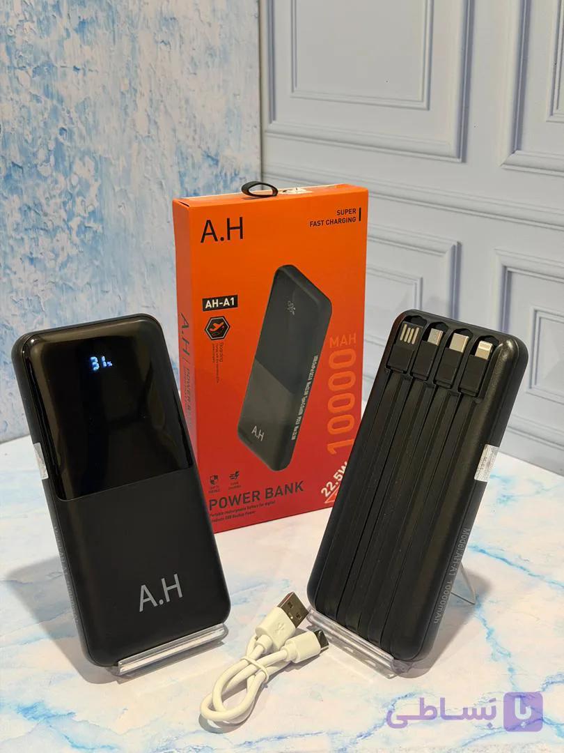 پاور بانک |باطری لیتیوم پلیمرPOWER BANK AH-A1 10000 MAH 22.5 4 CABLES AND DIGITAL SUPER FAST BLACK
