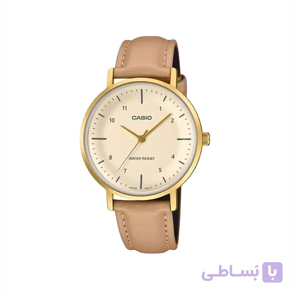 ساعت مچی عقربه ای زنانه کاسیو بند چرم عسلی LTP-VT03GL-4B