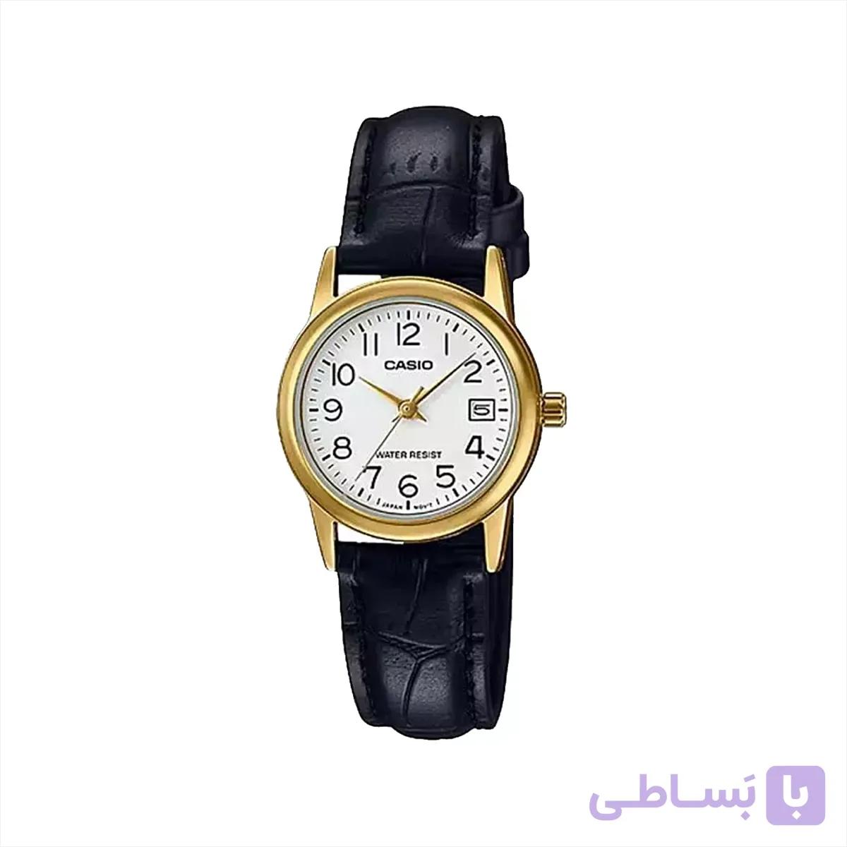 ساعت مچی زنانه کاسیو بند چرم مشکی قاب طلایی LTP-V002GL-7B2