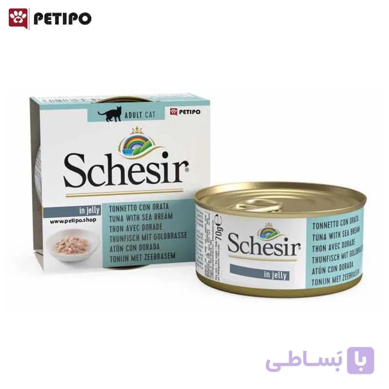 کنسرو گربه با طعم ماهی تن و اورتا در ژله شسیر (Schesir Tuna with Sea Bream in jelly) وزن 85 گرم — تصویر 1