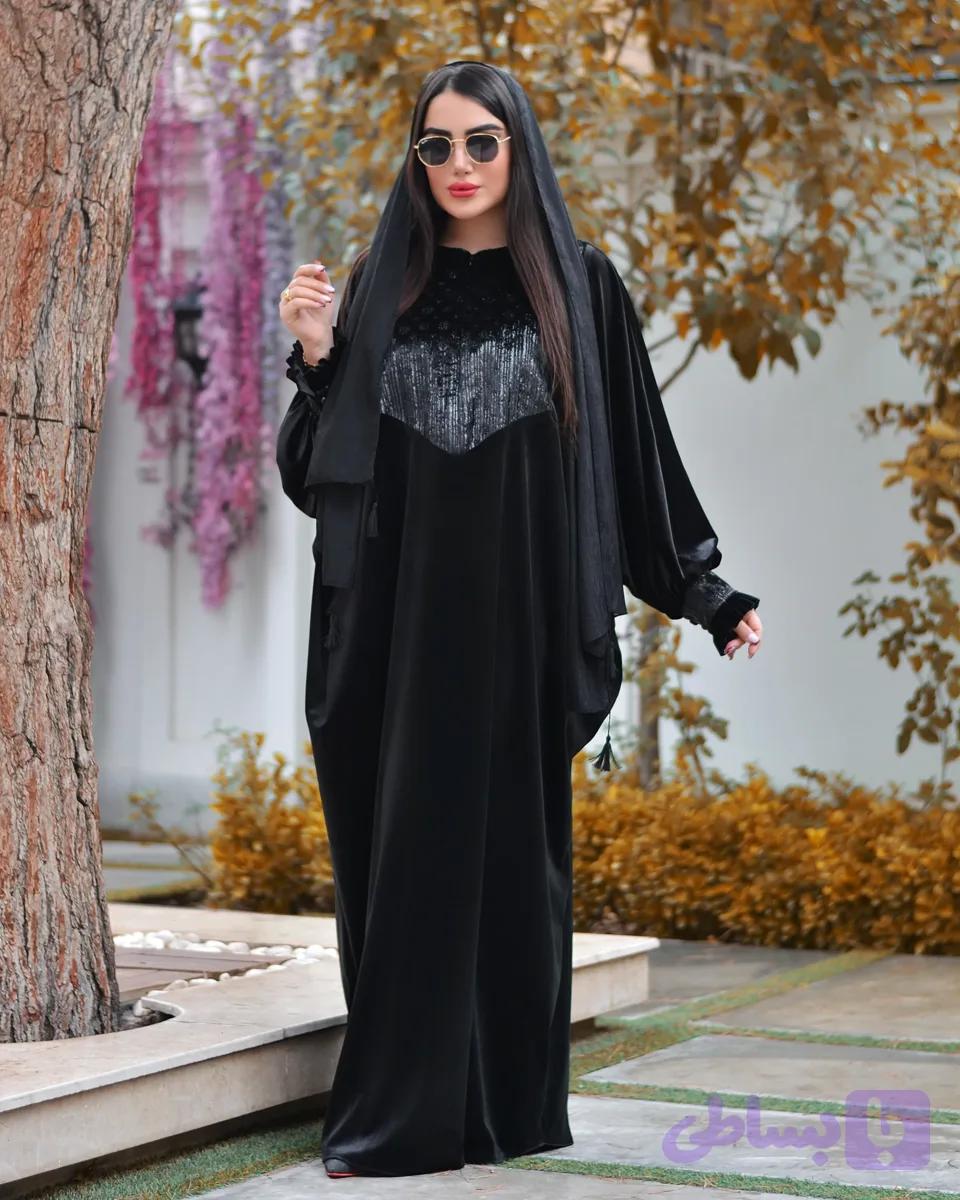 مانتو عبایی مخمل زنانه مدل نیکو — تصویر 1