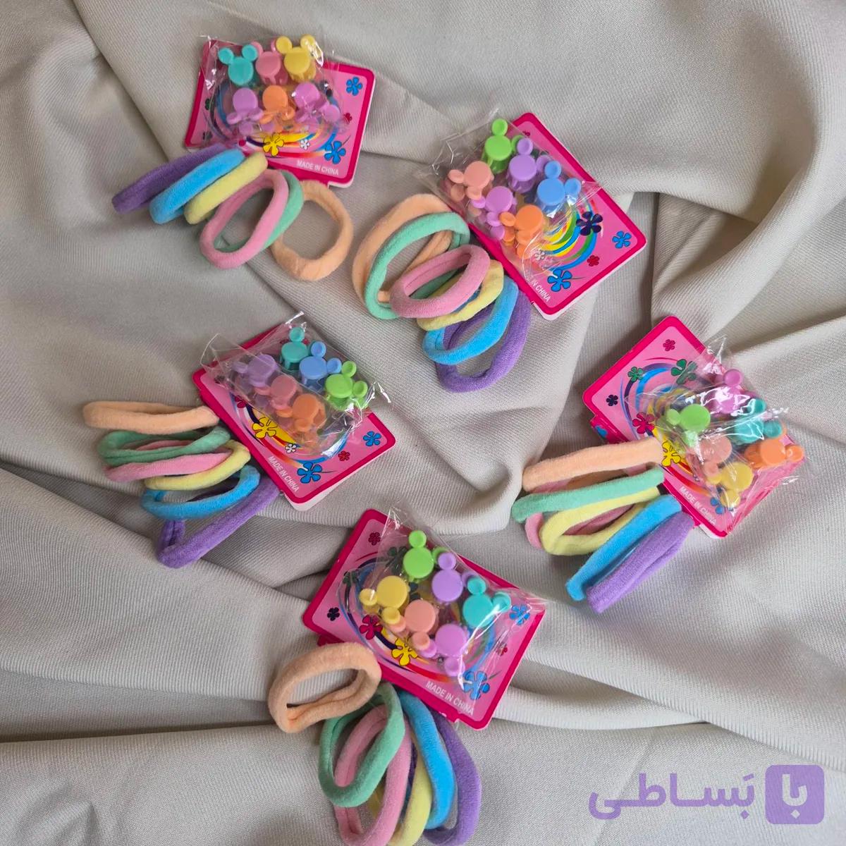 ست ۶ عددی کش موی حوله‌ای و مینی کلیپس میکی (رنگ‌های پاستلی)