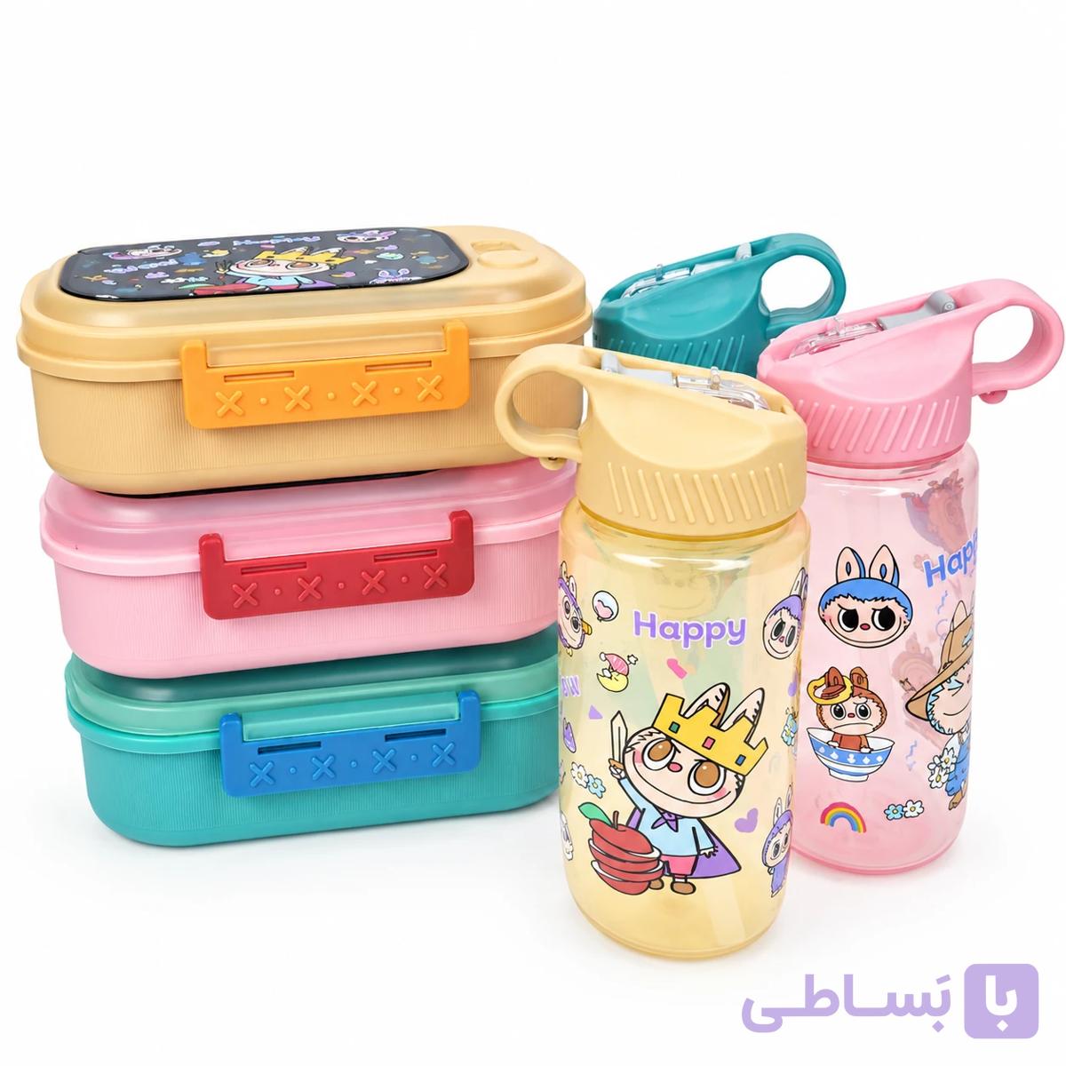 ست لانچ‌باکس و قمقمه کودک مدل Happy (طرح کارتونی) به همراه قاشق و چنگال