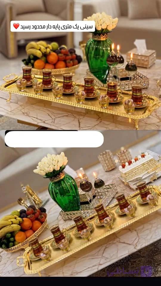 سینی طلایی یک متری پایه دار اماراتی سینی پذیرایی مجلسی و لوکس ارسال پس کرایه