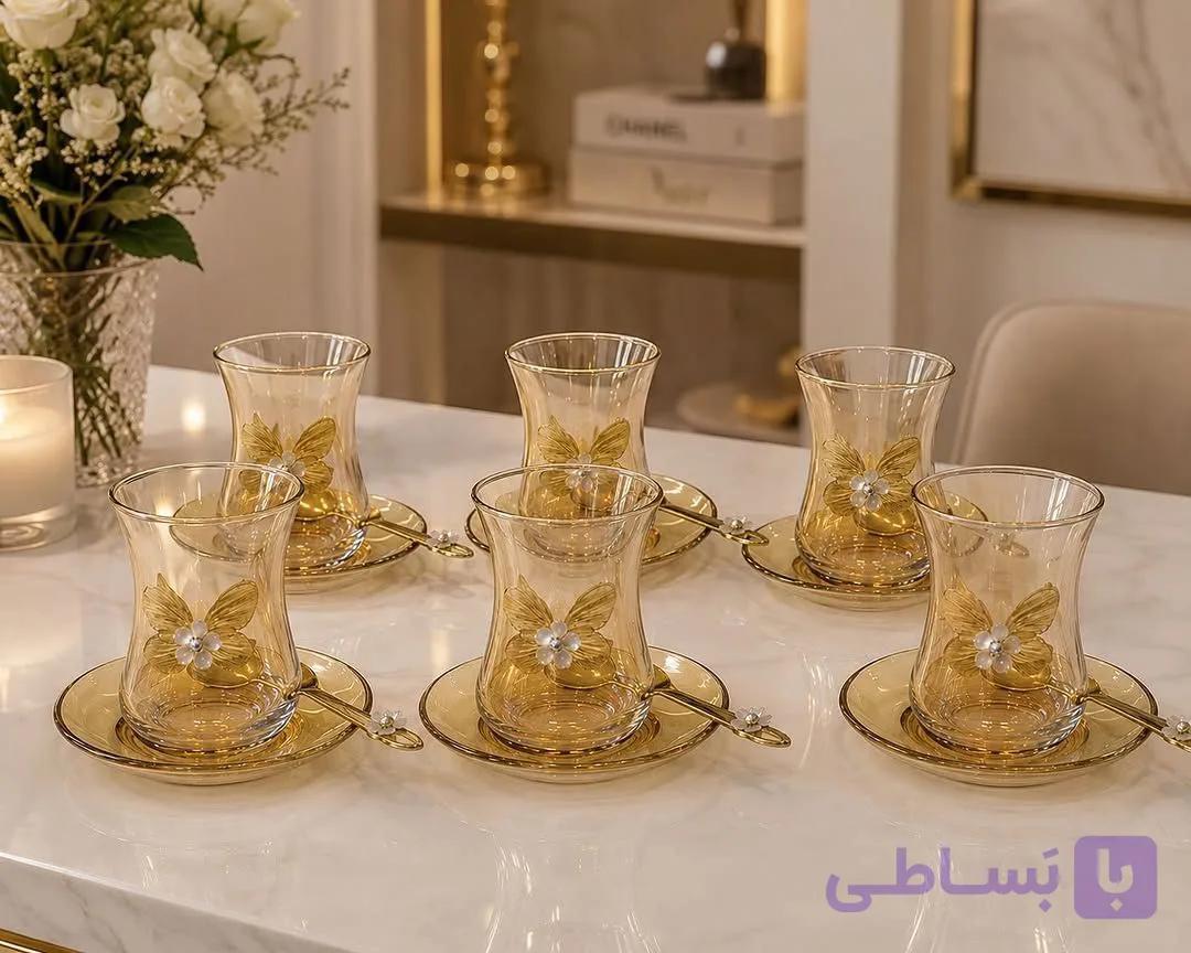 سرویس چای خوری ۱۸ پارچه استکان نعلبکی به همراه قاشق پروانه