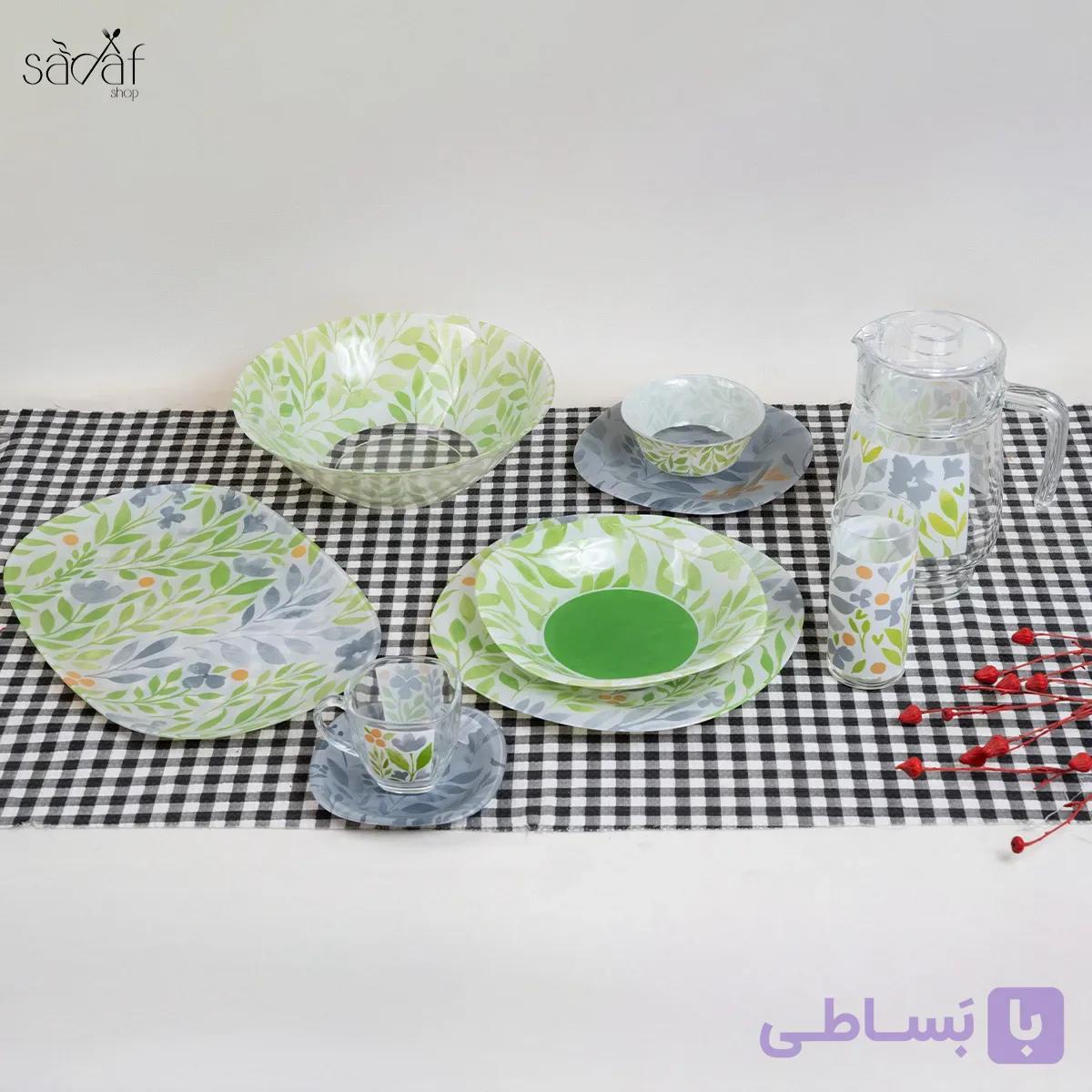 سرویس غذاخوری ۴۶ پارچه ( ۶ نفره کامل ) شیشه ای مدل Alvis green لومینارک فرانسه — تصویر 1