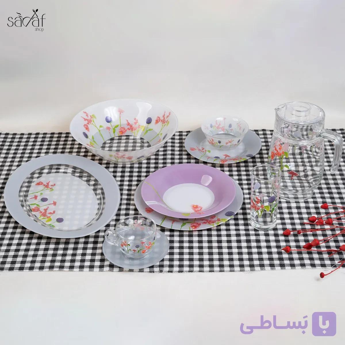 سرویس غذاخوری ۴۶ پارچه ( ۶ نفره کامل ) شیشه ای مدل Rozana begonia لومینارک فرانسه — تصویر 1