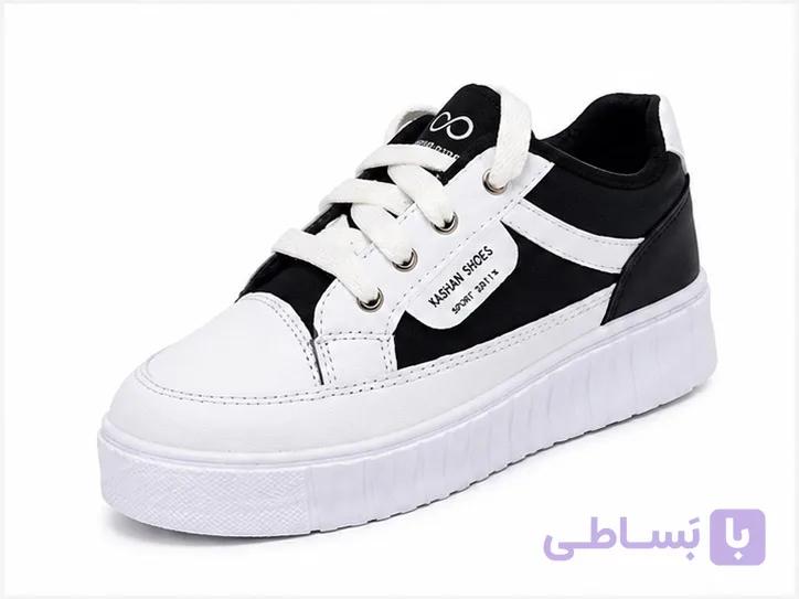 کتانی دخترانه اسپرت سفید مشکی لژدار
