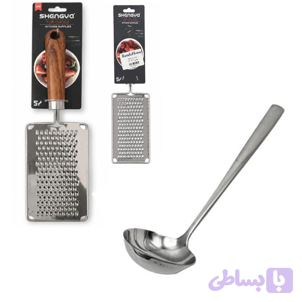 پک اقتصادی ملاقه استیل ورنده ریز و بزرگ دسته چوبی مدل شنگیا