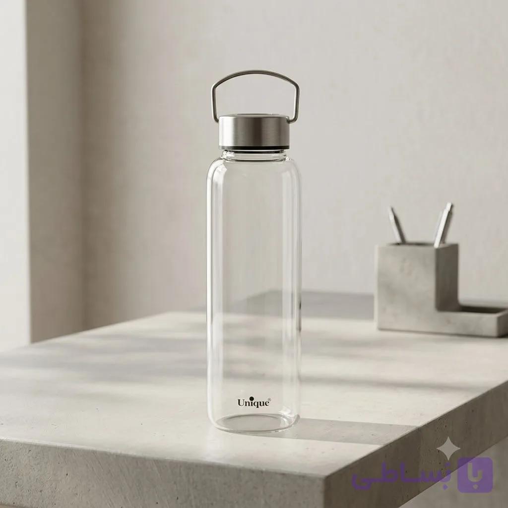 بطری آب شیشه ای دسته دار با درب استیل یونیک کد UN-3075 — تصویر 1
