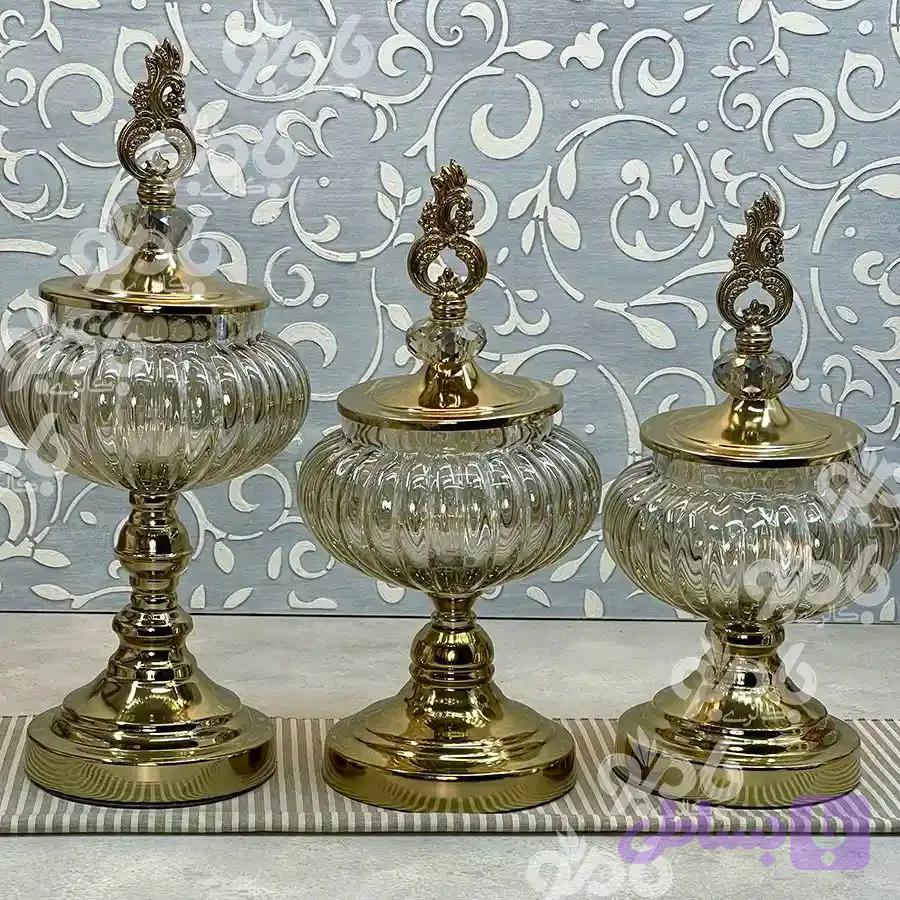 کندی، شکلات خوری خمره ای سایز کوچک از ۳ سایز، درب برنزی بلوری پایه فلزی آنتیک