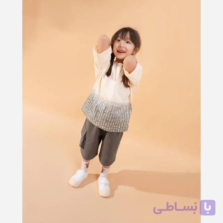 تیشرت شلوارک پسرانه دخترانه حروفی دورنگ سبز و آبی سایزبندی 45 تا 60