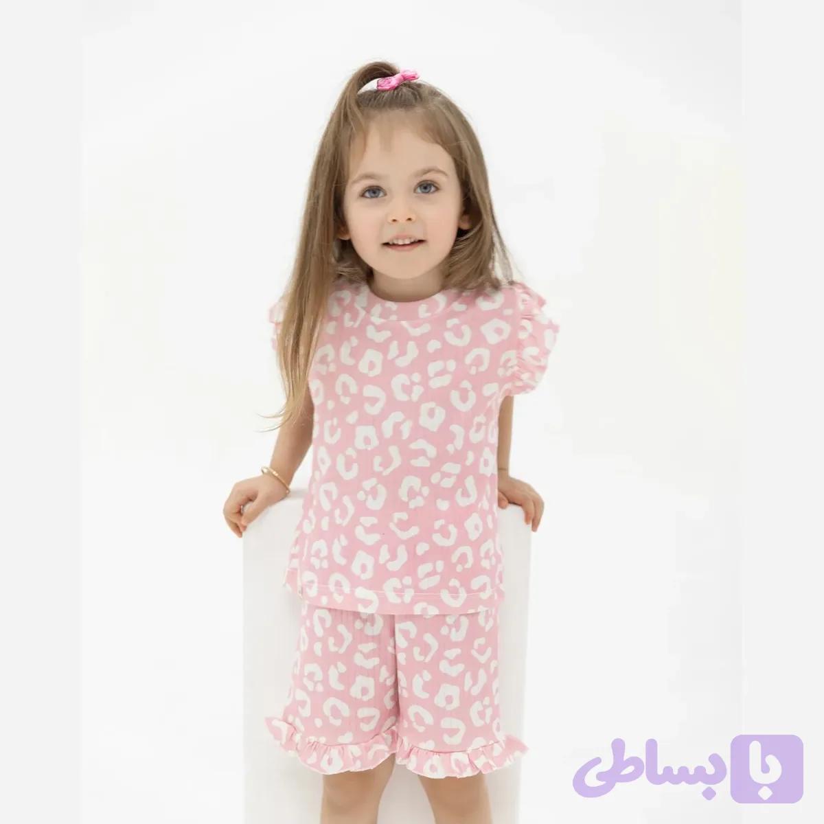 ست راحتی دخترانه تیشرت و شلوارک طرح خرگوش و پلنگی پنبه کبریتی