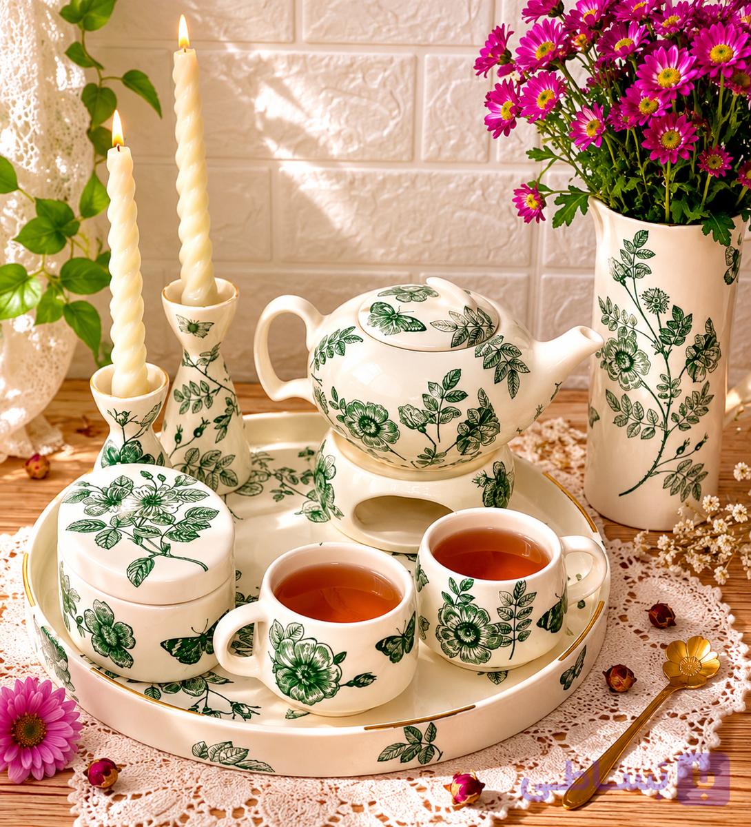 سرویس چای خوری دو نفره پروانه سبز
